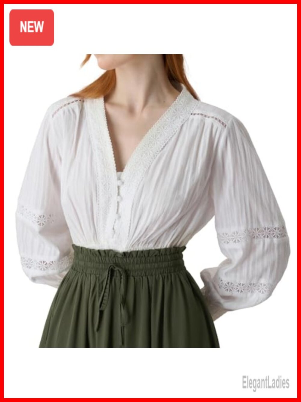 Cotton Peasant Blouse V Neck Lantern Sleeve Ren Faire Top